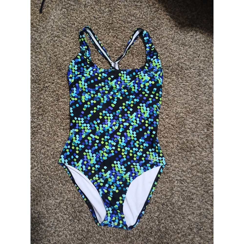 SPEEDO Athletic Racerback Swimsuit 12 One-Piece Black Green Blue Dot Print